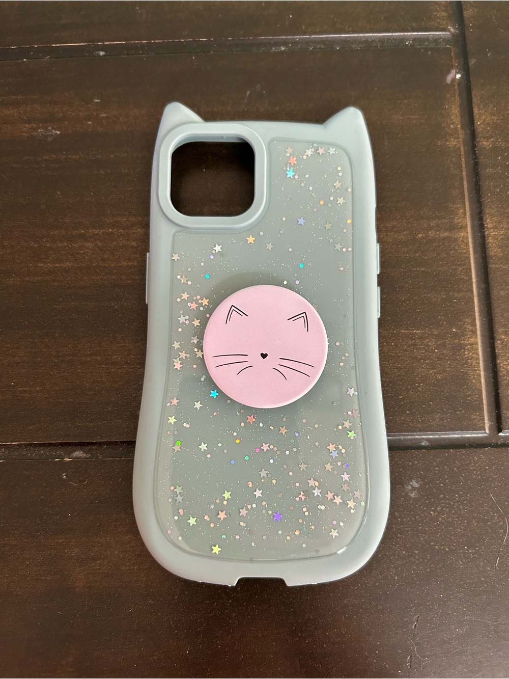 Cute Cat Ear Glitter Phone Case with Pink Cat Pop Socket - blue for iPhone 14